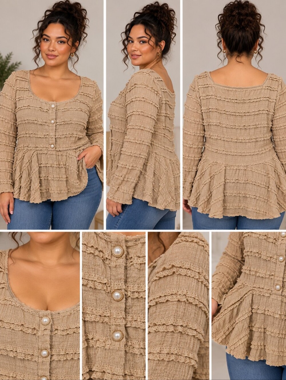 SHEIN Plus Beige Ruffle Peplum Top – Size 4XL